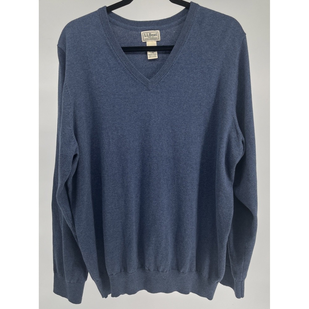 LL Bean Sweater Mens Large Blue Knit Cotton Cashmere V Neck Soft Casual Classic